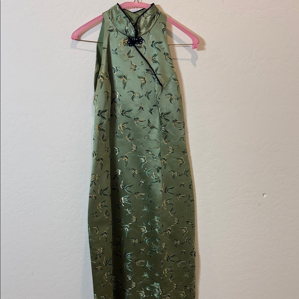 Custom Green Satin Patterned Halter Dress